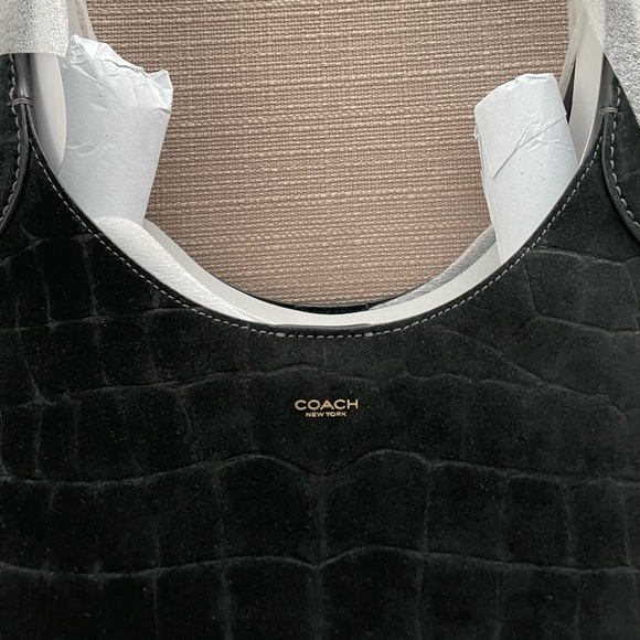 Coach Brooklyn Shoulder Bag 28 Black suede Crocodile-Embossed new - Picture 4 of 16